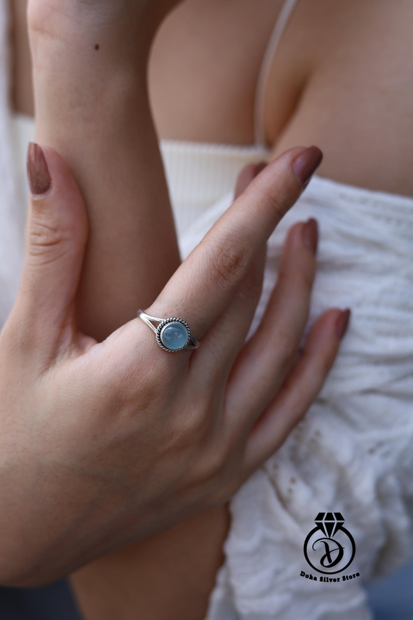 Aqua Chalcedony Stone Ring